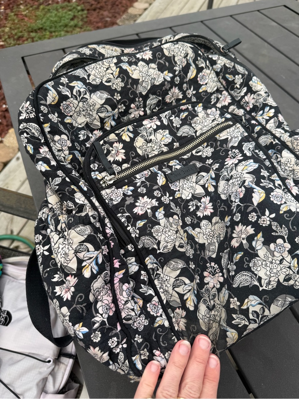 Vera Bradley Black Floral Quilted Daypack with Pale Accents